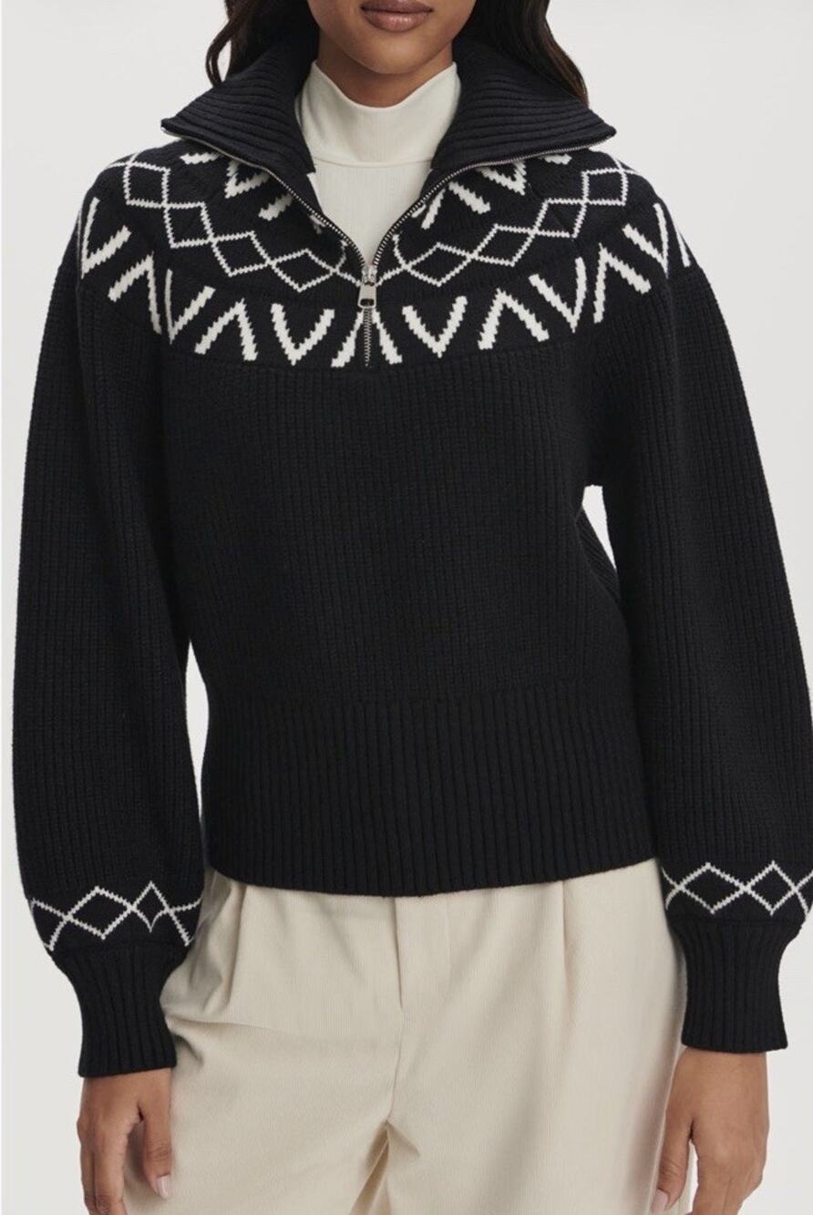 Varley Sigrid Fair Isle 1/2 Zip Sweater Powder Black Cream Size XL